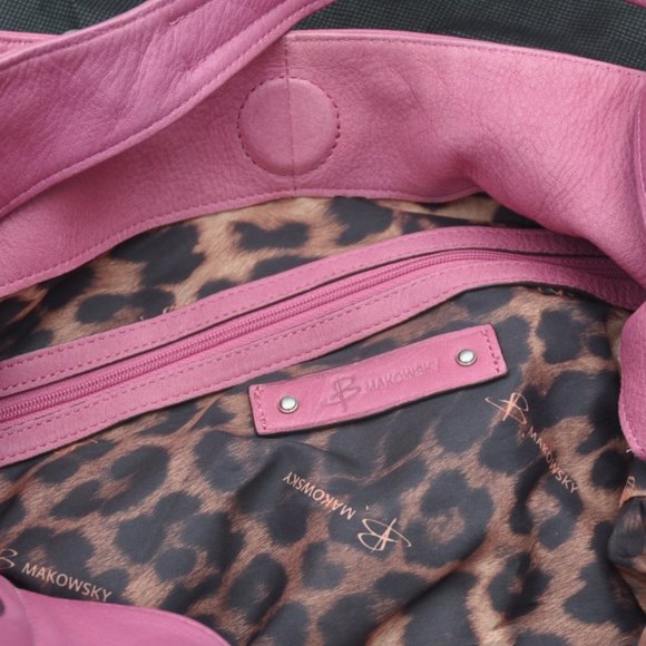 B MAKOWSKY Pink Leather Hobo Shoulder Bag Purse - Leopard Prnt Lined - Picture 6 of 9